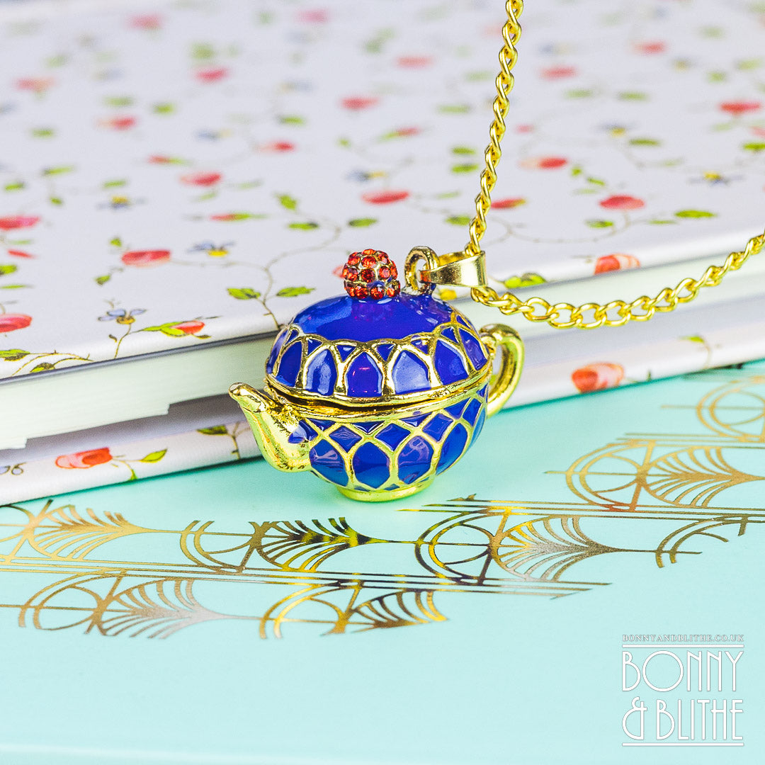 Blue Enamel Gold Teapot Pendant Necklace